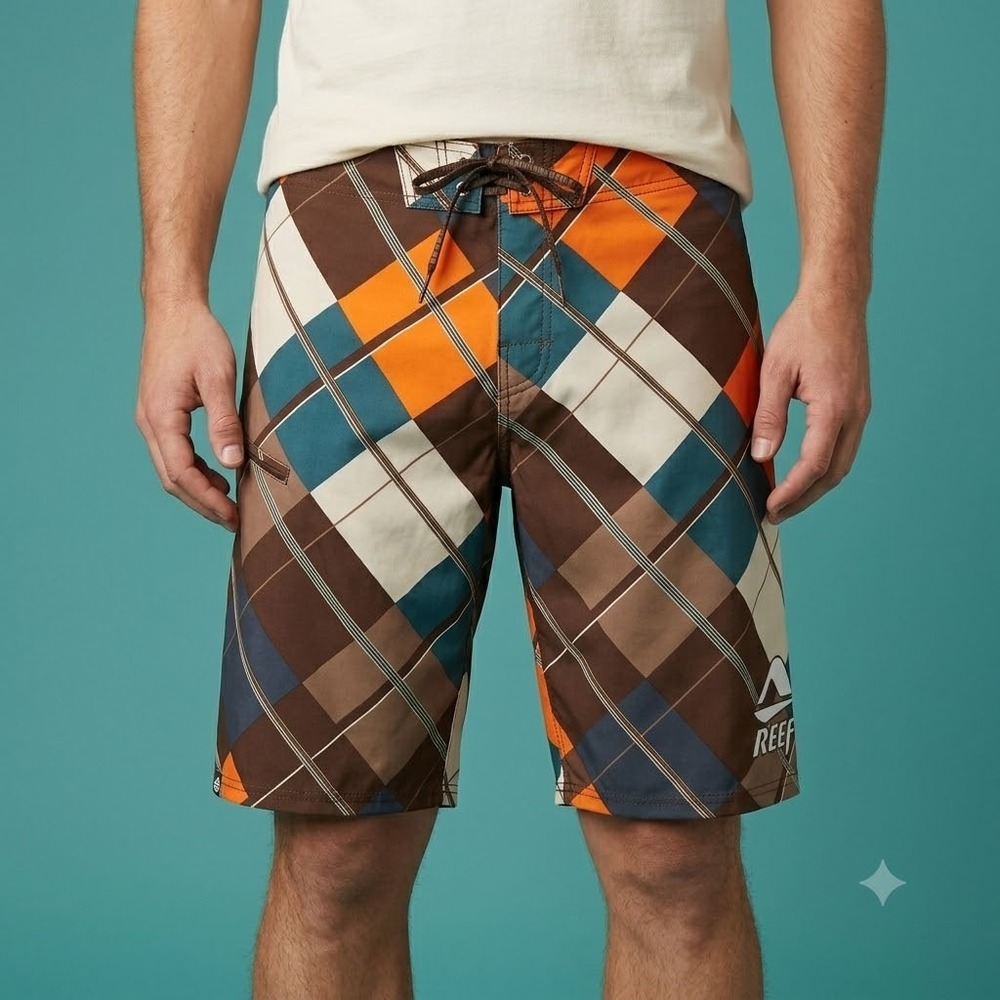 Reef‎ Board Shorts Mens 32 Brown Orange Plaid Performance Ridiculously